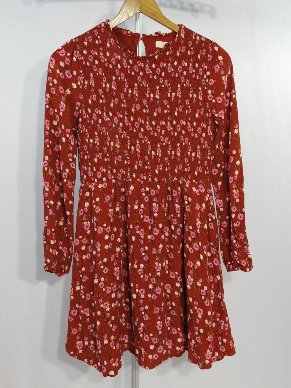 GB Girls XL Red Floral Lined Shirred Gathered Long Sleeve Dress